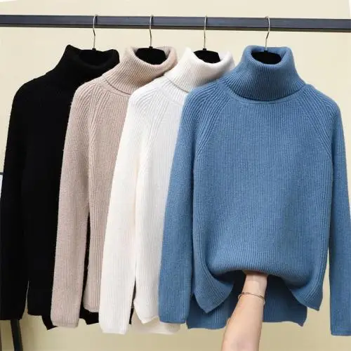 

TingYiLi Basic Turtleneck Sweater Autumn Winter Solid Loose Pullover Sweater Women Black White Khaki Blue Sweaters