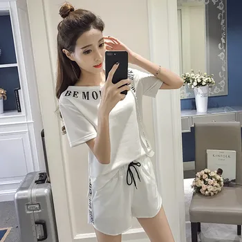 

Casual Sports Suit Women 2019 Summer New Fashion One-Shoulder Short-Sleeved T-shirt Shorts 2 piece