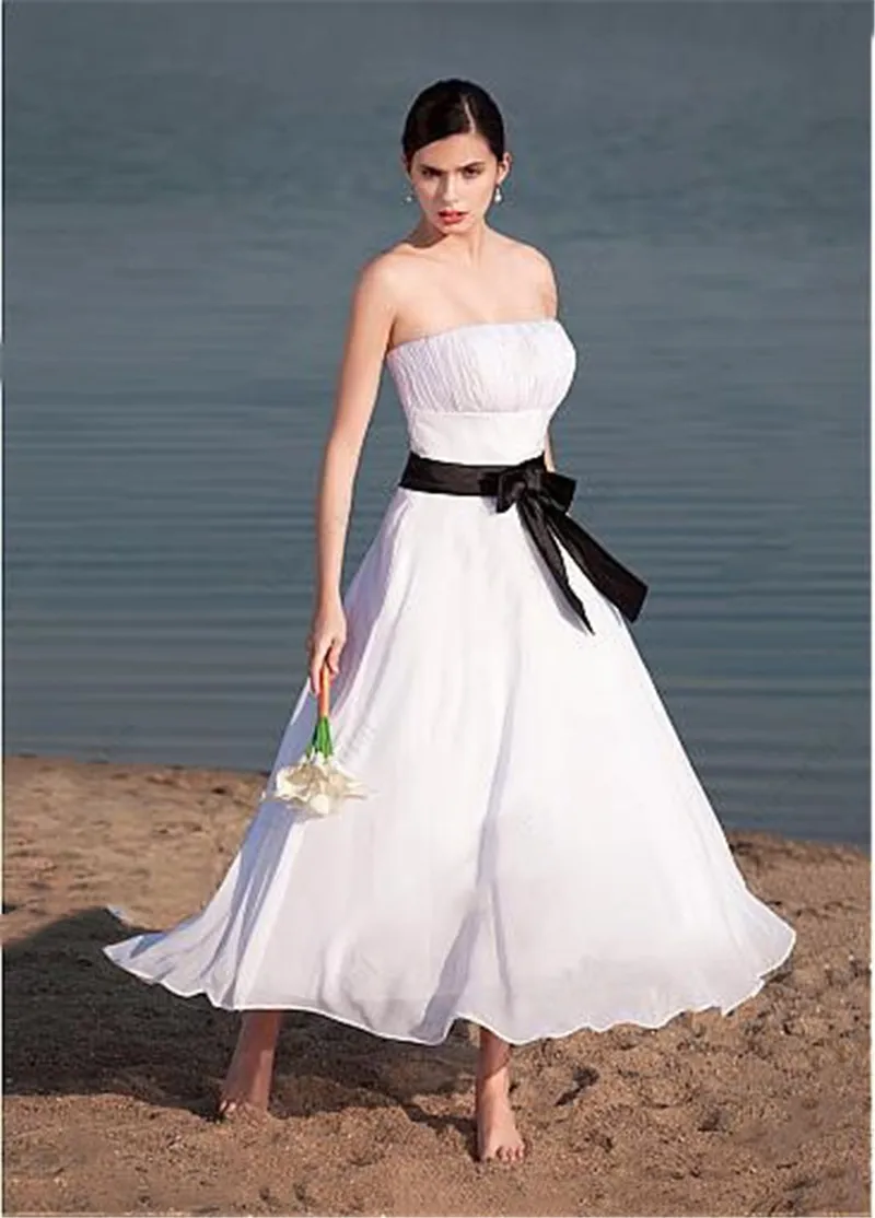 

Simple Pleated Chiffon Short Beach Wedding Dresses With Black Ribbon Ankle Length Bridal Gowns Sleeveless Custom Plus Size