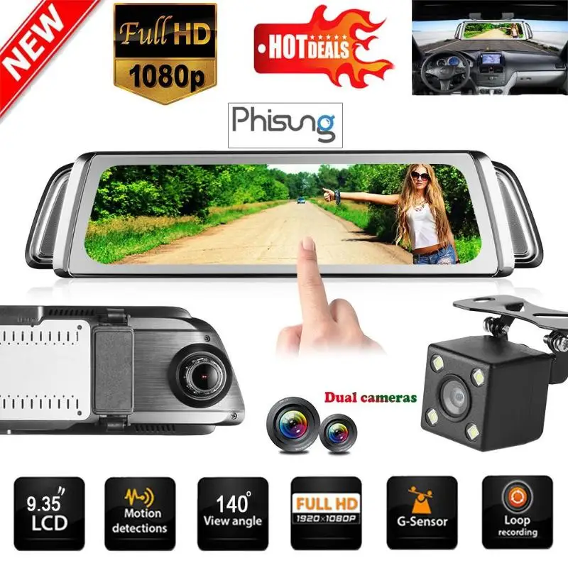 Phisung G900 DVR 9,3" сенсорный экран двойной объектив 1296P Автомобильное зеркало заднего вида камера видео регистратор Starlight ночное видение видеорегистратор
