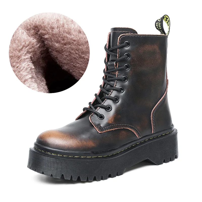 Rub Brown Fur Женские ботинки; ботинки из натуральной кожи на плоской платформе; женская обувь; сезон осень-зима; ботильоны на меху; Кожаные Ботинки на каблуке; Botas Mujer - Цвет: Rub Brown Fur