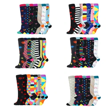 

7 Pairs Mixed Women Men Compression Socks Multicolored Printed Nylon Breathable Outdoor Sport Running Knee High Hosiery Tube Sto