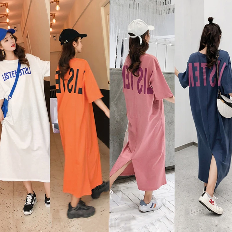 

Spring and summer new style Loose Korean casual large size t-shirt dress Letter printed long over-the-knee large size dress