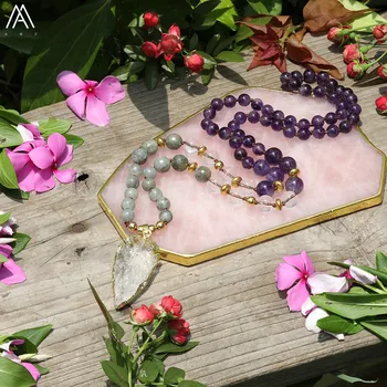 

Natural White Quartz Arrowhead Pendant 8mm Labradortie Amethysts Quartz Round Beads Knotted Handmade Necklace 32 Inch Long