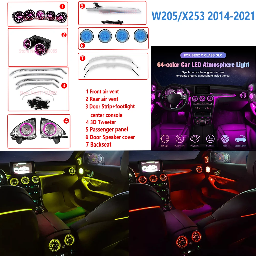 

RHD LHD 64 Color Dashboard Ambient Light LED Air Vent Kit For Mercedes Benz C GLC Class W205 X253 C200 C63 C43 Car Door Light