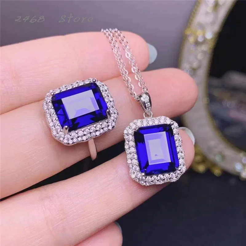 

New 925 silver inlaid optimization sapphire ring & pendant jewelry set, noble atmosphere, jewelry must be brought to the banquet