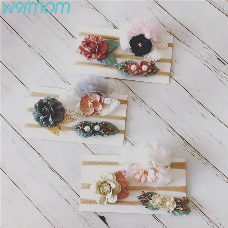 WARMOM 3 шт./компл. Детские эластичные детские ленты для волос душ головные повязки фото-реквизит ручной работы нейлоновые цветы оголовье, набор для детей