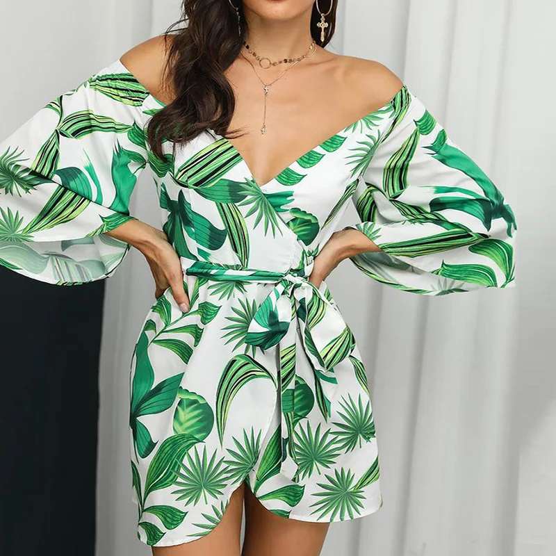Women Sexy Off Shoulder Botanical Print Wrap Dresses