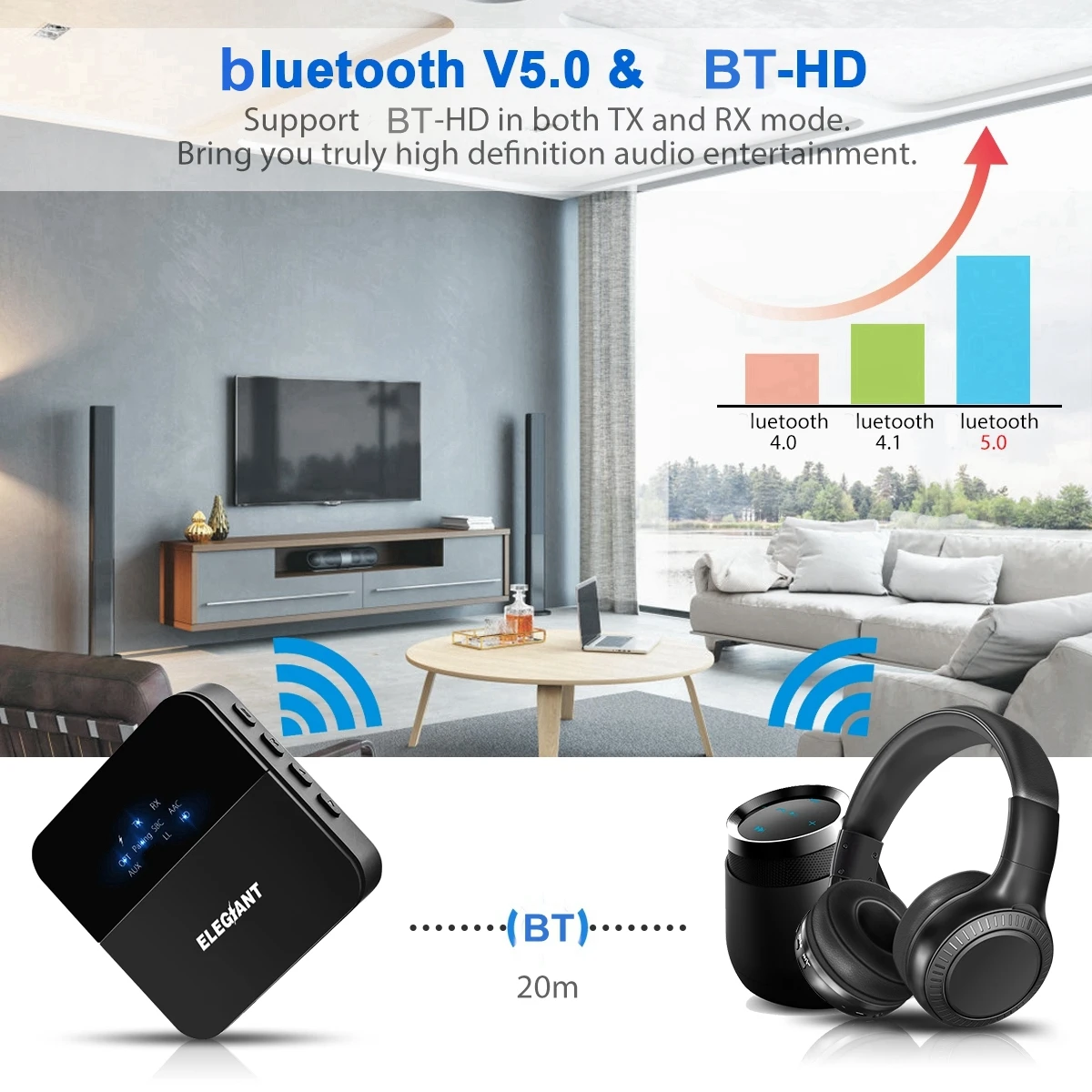  ELEGIANT 3.5 millimetri 2RCA HD bluetooth 5.0 Audio Trasmettitore Ricevitore Wireless Adapter/AUX/L