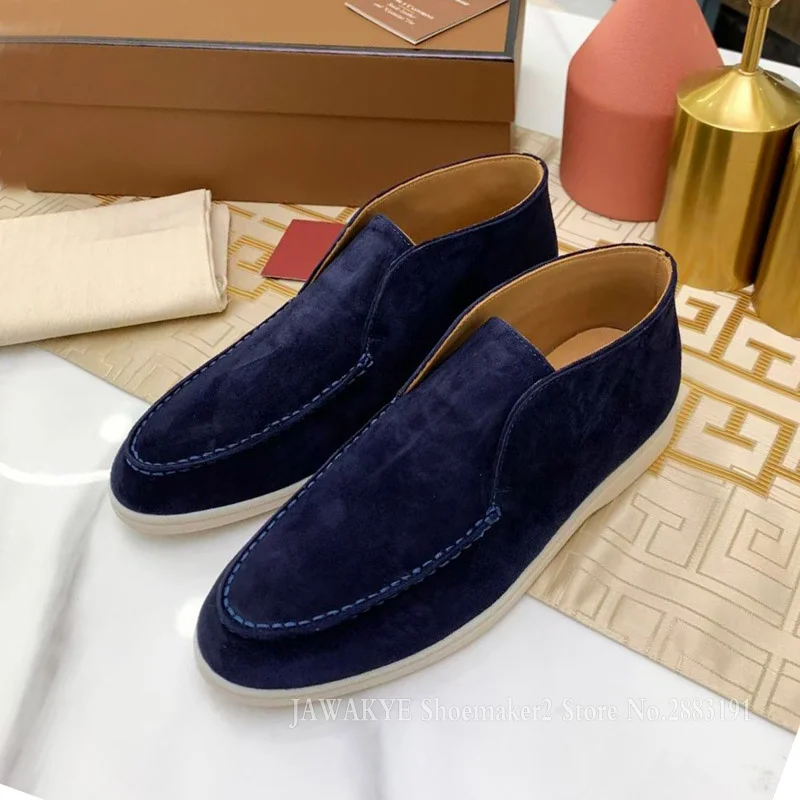 Comfort Suede Unisex High Top Loafers Round Toe White Rubber Sole Casual Flats Fashion One Pedal Couple Flat Mules Dress Shoes