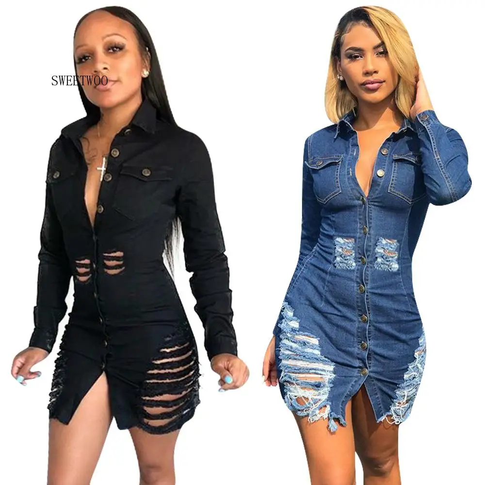 Women Sexy Holes Jeans Dress Buttons Up Turn Down Collar Long Sleeve Denim Mini Night Club Party Dresses Autumn Outfits