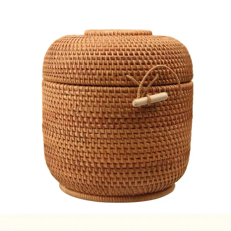 Rattan storage box with lid round shape handmade jewelry boxes