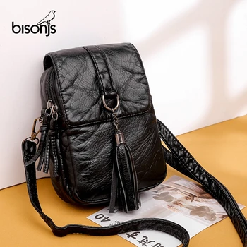 

BISONJS Small PU Leather Shoulder Bag Casual Handbag Crossbody Bags Women Phone Pocket Girl Tassel Designer Purse Mini Messenger