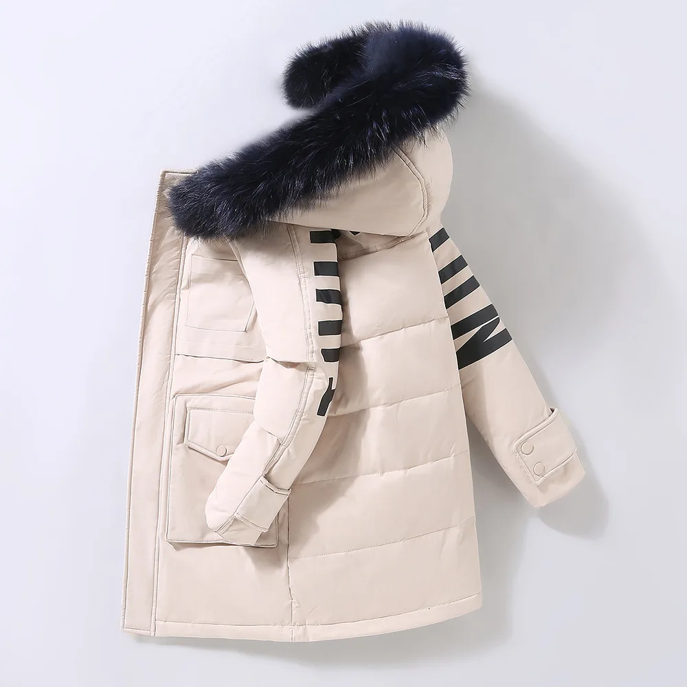 Куртка-пуховик для мальчиков новая детская длинная куртка в Корейском стиле на белом утином пуху минус 30 градусов - Цвет: Слоновая кость