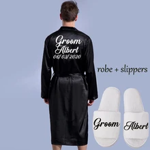 Groom Robe Nightgown For Men Kimono Customized Name and Date Emulation Silk Soft Home Bathrobe Personalized for Wedding Party