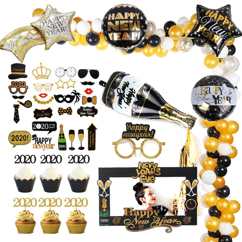 Happy New Year 2020 Decorations Wine Bottle Foil Balloons Air Globos Photo Booth Frame Props 2020 Cake Toppers Eve Party Decor