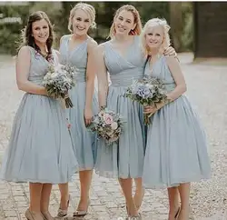 Трапециевидные платья подружки невесты с v-образным вырезом без рукавов в простом стиле, шифоновые плиссированные короткие свадебные