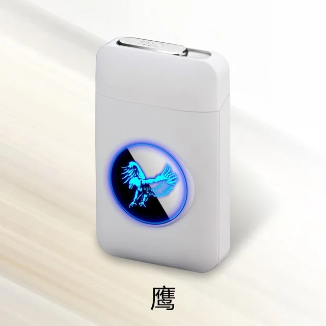 Eagle Чехол для сигарет с металлической емкостью, перезаряжаемая электрическая зажигалка с подключением к USB светодиодный дизайн с логотипом, 19 шт., держатель для сигарет, мужские подарки - Цвет: Eagle