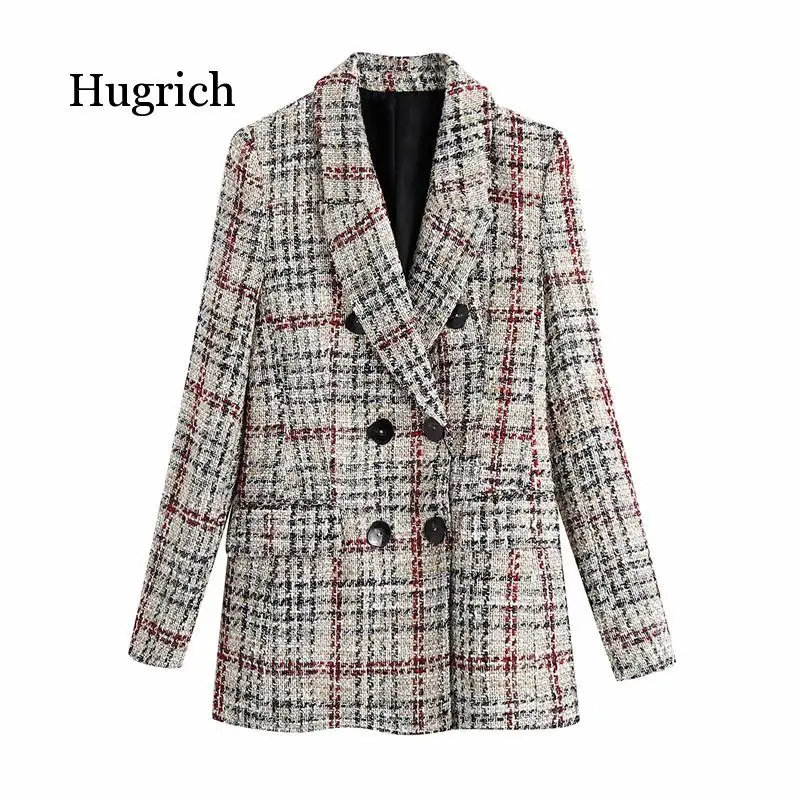 Women 2021 Fashion Double Breasted Tweed Check Blazers Coat Vintage Long Sleeve Pockets Female Outerwear Chic Tops