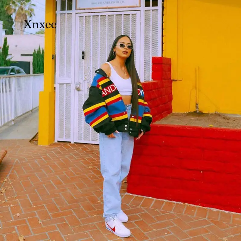 

Autumn/winter Women's Letter Striped Harajuku Loose Jacket Fashion Long Sleeve Single Breasted Jacket Streetwear Sports Jacket