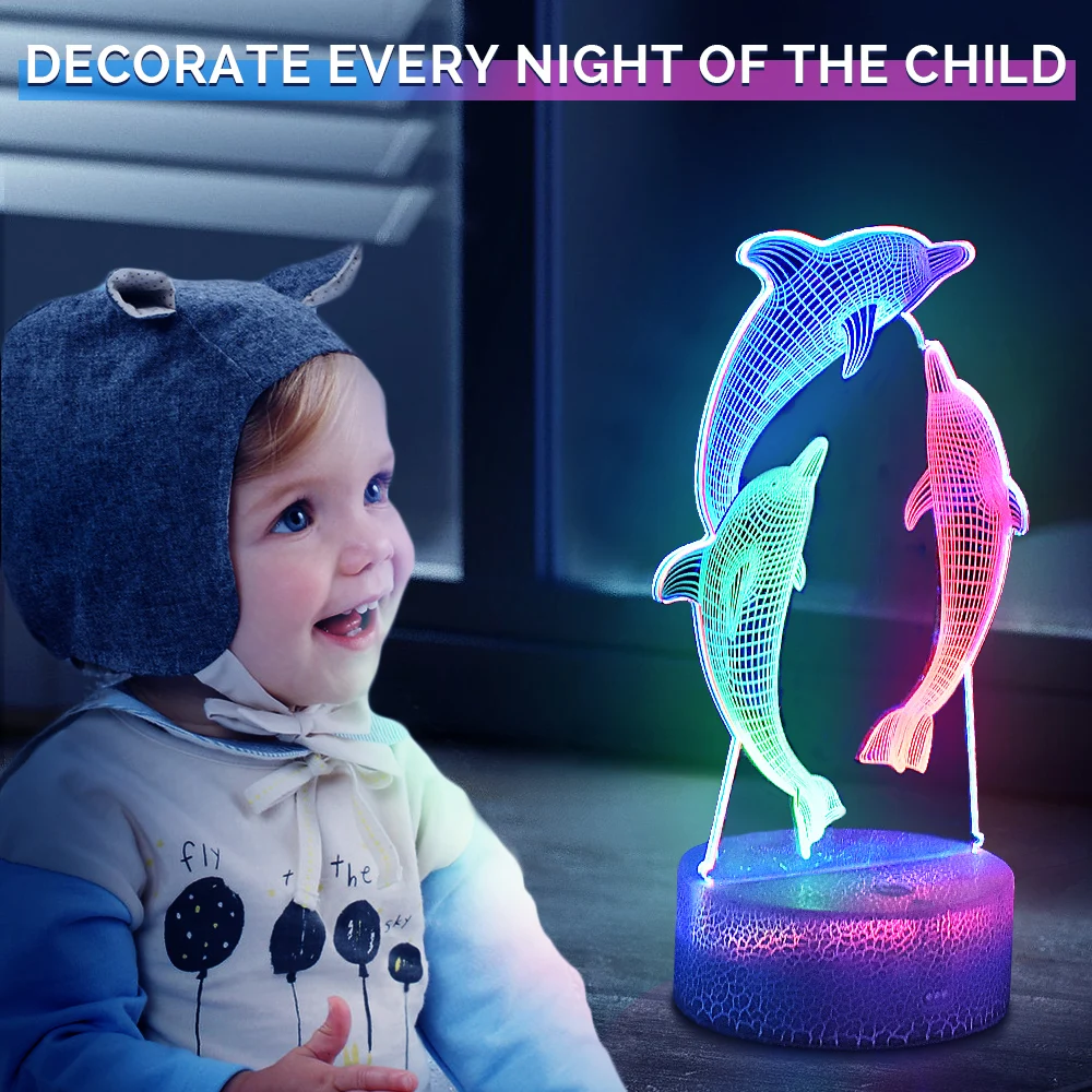 Children's Night Lights USB Rechargeable 3D Dolphin RGB Lamp Baby Room Decoration LED Indoor Novelty Lighting Personalized Gifts