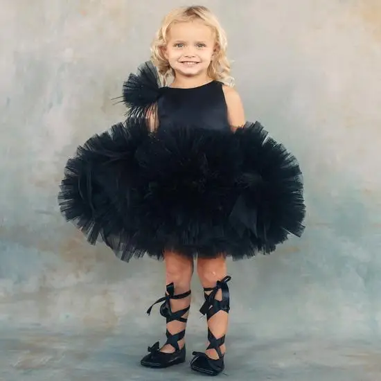 

Custom Black Tulle Baby Girls Dresses O Neck Knee Length Princess First Birthday Dress Backless Puffy Party Gown for Girls