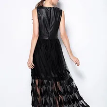 2020 sommer Neue Frauen Echtem Leder Sleeveless Langes Kleid Partei Knöchel Länge Spitze Stickerei Elegante Damen Abend Vestidos(China)