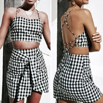 

Women Plaid Dress Sets 2 Piece Suit Summer Sleeveless Criss Cross Backless Top With High Waist Short Skirt Set Casual Streetwear
