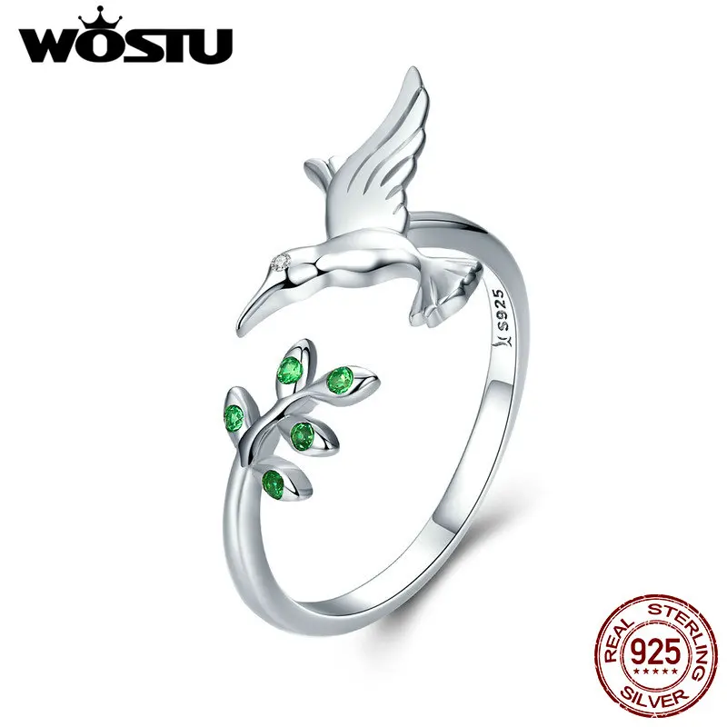 WOSTU Аутентичные 925 пробы серебро колибри и листья Открытое кольцо для Для женщин