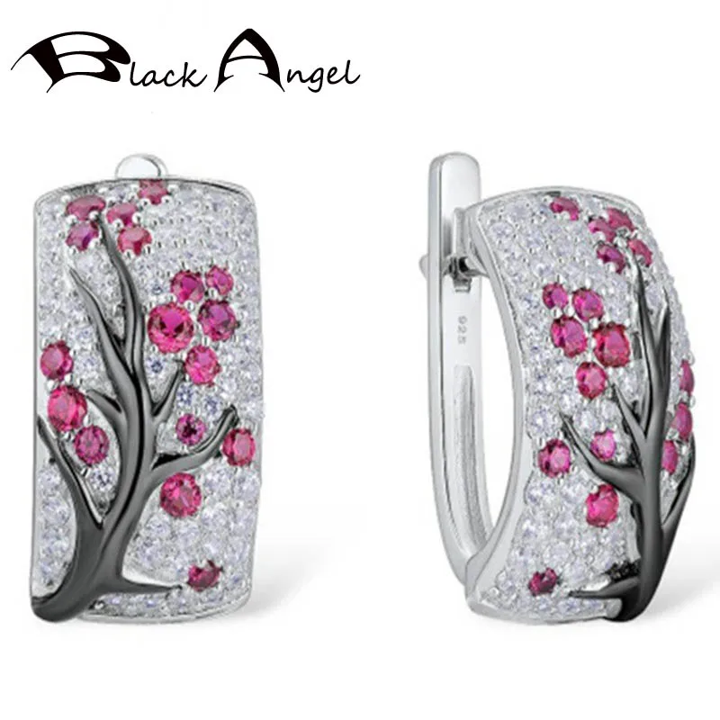 

BLACK ANGEL Ruby Plum Blossom Clip Earrings 925 Silver Red Gemstone CZ Earrings 2020 New Fashion Jewelry Wholesale