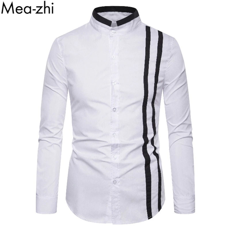 Camisa manga larga para hombre, de parche blanco a rayas y negro, informal, de moda, para trabajo de negocios, S 2XL|Camisas informales| - AliExpress