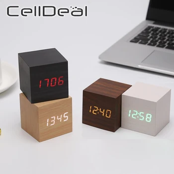

LED Wooden Alarm Clock Sound Voice Control Square Digital Thermometer Date Display Desktop Table Home USB/AAA Powered Clocks