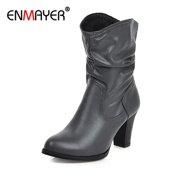 

ENMAYER Slip-On High Ankle Boots for Women Autumn PU Round Toe Women Boots Solid Short Plush Pleated Womens Shoes winter Beige