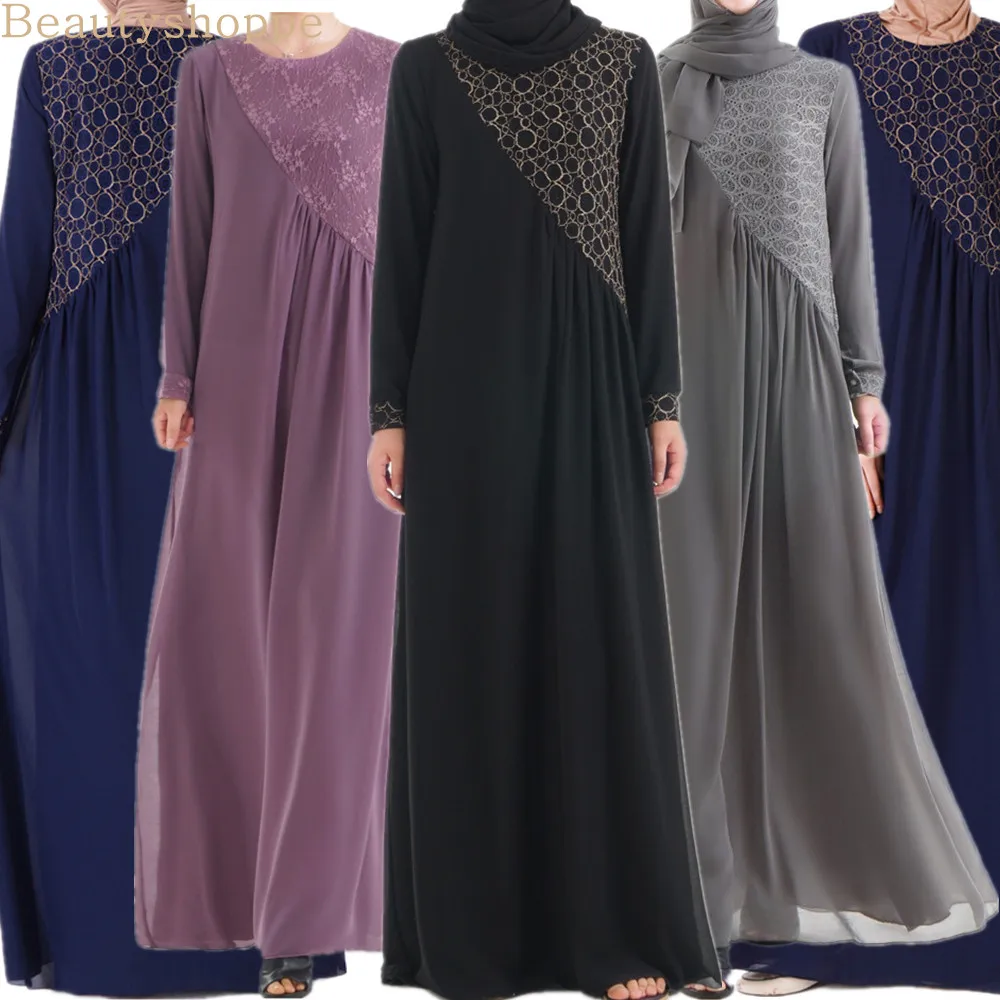 2019 new color double layer Cape chiffon Patchwork Lace full sleeve Muslim women dress Black DarkPurple Gray NavyBlue S-2XL |