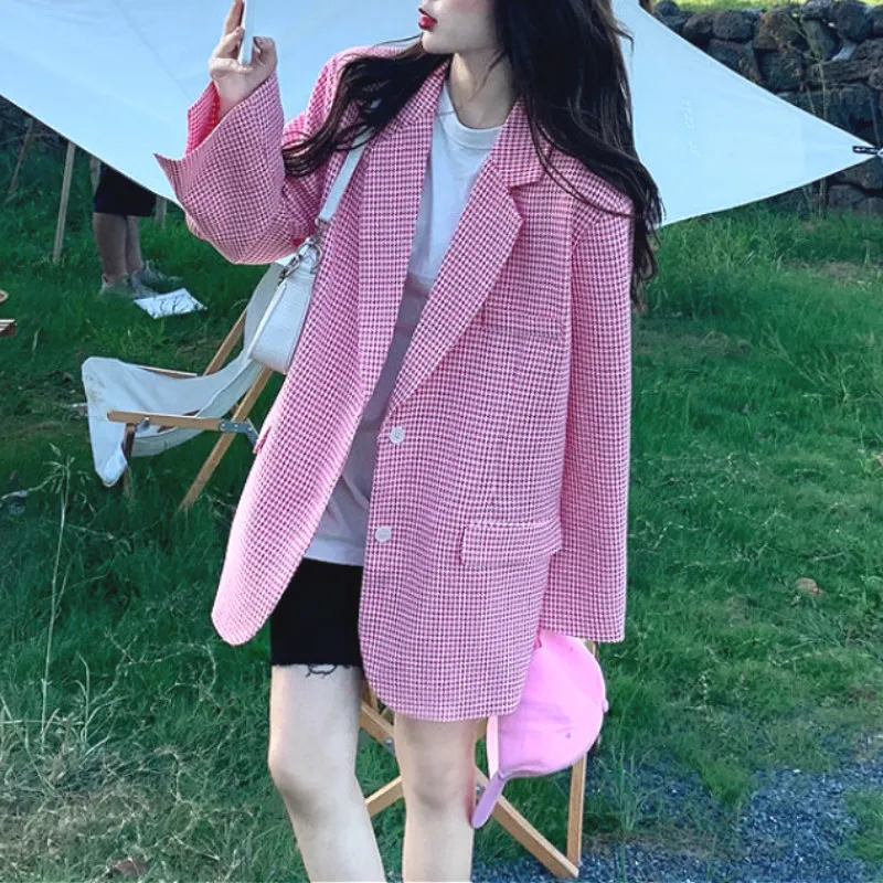 

Elegant Pink Plaid Blazers Women Notched Office Lady Long Sleeve Loose Thin Coats Sweet Korean Jacket 2020 Autumn Women Clothing