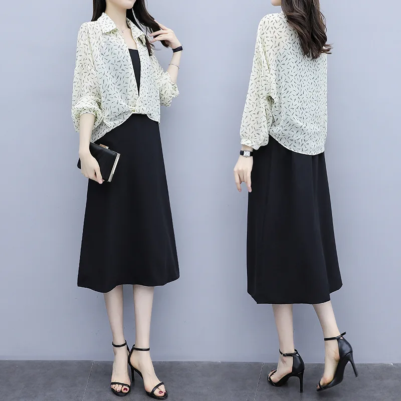 

2019 Summer Wear Large Size Fashion Floral Sun Blocking Clothing + Camisole Mid-length Dress Two-Piece Set