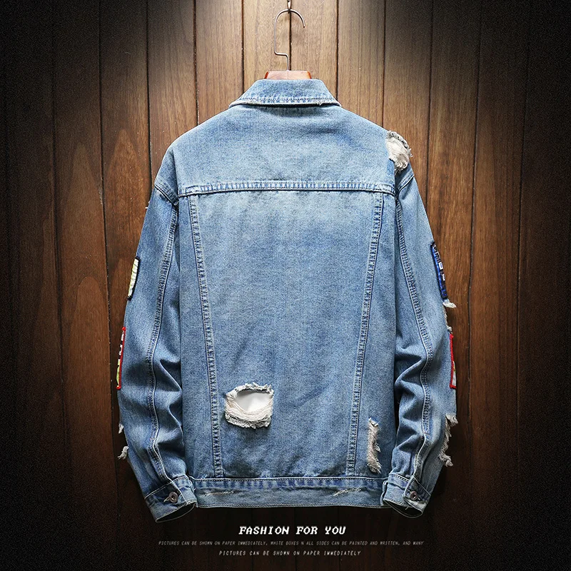 

Spring And Autumn Jeans Coat Men Korean-style Students Loose Casual with Holes Cowboy Clothing Trend Japanese-style Jacket Men'S