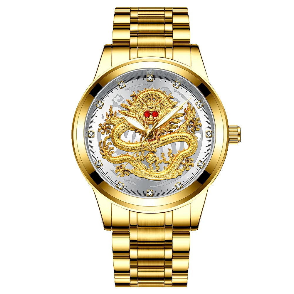 

Stainless Steel Wrist Round Dial Luxury Luminous Waterproof Fashion Men Watch Calendar Analog Clock Sculpture Gold Dragon Quartz