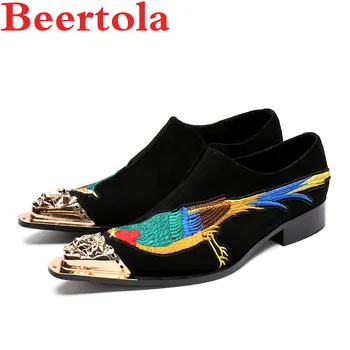 

Cow Suede Black Shoes Men Embroider Kingfisher Gold Head High Quality Flat Men Shoes Slip On Wedding Shoes Big Size Tenis Hombre
