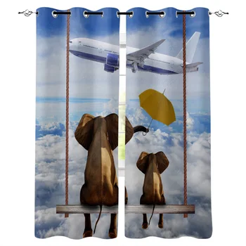 

Luxury Curtains Elephant Watching The Plane In The Clouds Window Curtain kitchen Bedroom Drapes Panel Curtain for Living Room