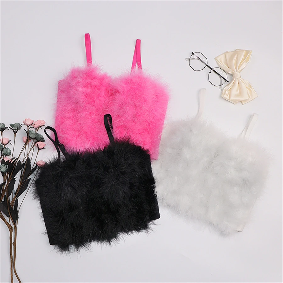 Faux Fur Solid Pink Performance Crop Top To Wear Out Autumn Corset Top Sexy Tops Women Bra Push Up Bustier Female Tops Mujer white bra