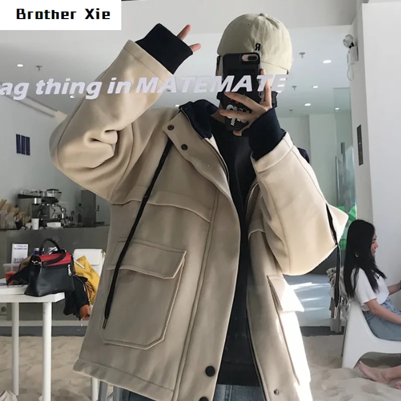

Winter Thick Jacket Men Warm Stylish Solid Color Casual Cotton Hooded Jacket Man Streetwear Wild Hip Hop Loose Bomber Jacket