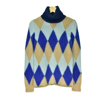 

Women Sweater 2019 Fall Winter Turtleneck Sweater Contrast Diamond Sweater
