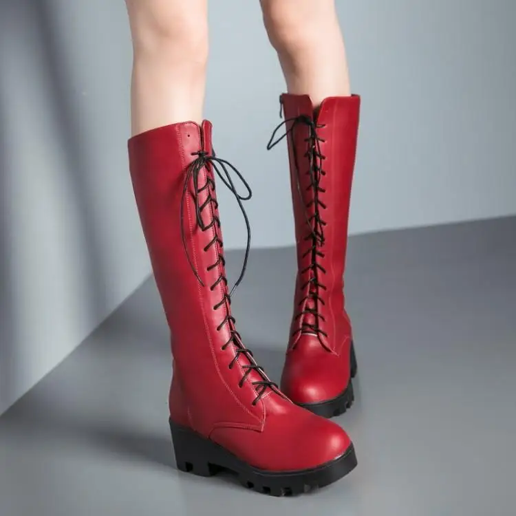

Spring Autumn Square High Heels Boots Platform Women Riding Equestrian Red White Black Solid Womens Shoes Woman T-tied