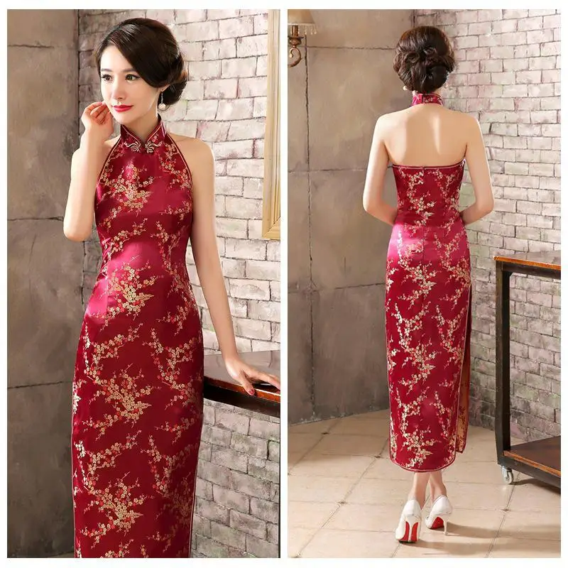 Backless Classic Chinese Women Qipao Rayon Sexy Cheongsam Traditional Sleeveless Evening Party Gowns Dresses Vestidos Elegant - Цвет: Burgundy flower