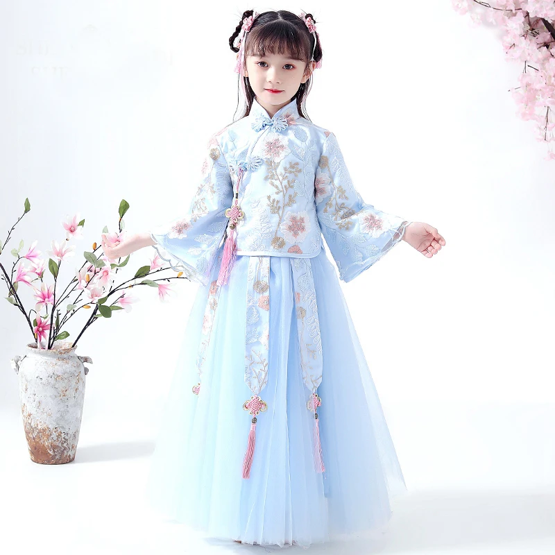 blue Платье для девочек с длинными рукавами; одежда для маленьких девочек; Детские платья для девочек; кружевная детская одежда с вышитыми цветами для дня рождения; повседневная одежда - Цвет: blue