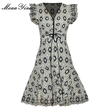 

MoaaYina Fashion Designer dress Summer Women's Dress Short sleeve V-neck Lace up Butterfly Sleeve Embroidery Ball Gown Dresses