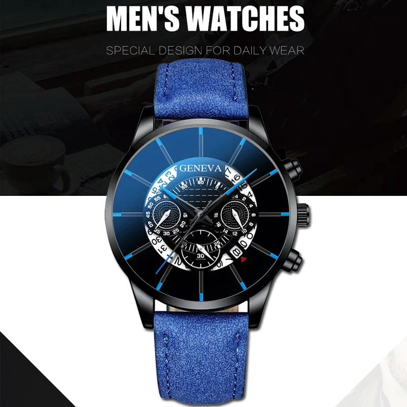 Reloj Hombre Роскошные мужские часы модные мужские Бизнес Календарь нержавеющая сталь кожаный ремешок аналоговые кварцевые повседневные мужские часы - Цвет: black blue