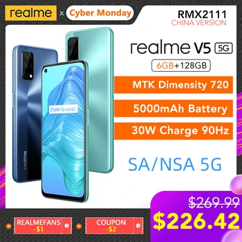 Перейти на Алиэкспресс и купить Realme V5 5G NR SA/NSA 6 ГБ ОЗУ 128 Гб ПЗУ Helio 720 90 Гц Дисплей 30 Вт флеш-зарядка 5000 мАч Поддержка многоязычного Play Store