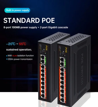 

10-Port POE Switch 8-Port 100M+2 Gigabit Uplinks POE Switch With Internal Power 120W VLAN 250m For Monitor Camera Power Supply